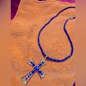 Crystal blue persuasion lapis lazuli beaded gold cross necklace cut outs